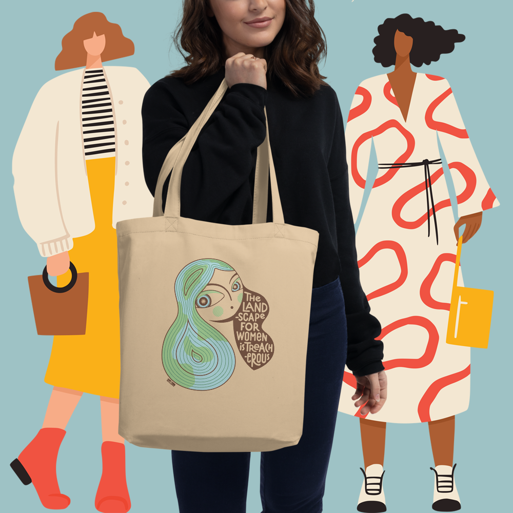 Women holding the Women's Landscape Tote Bag with some illustrated women figures on the background.